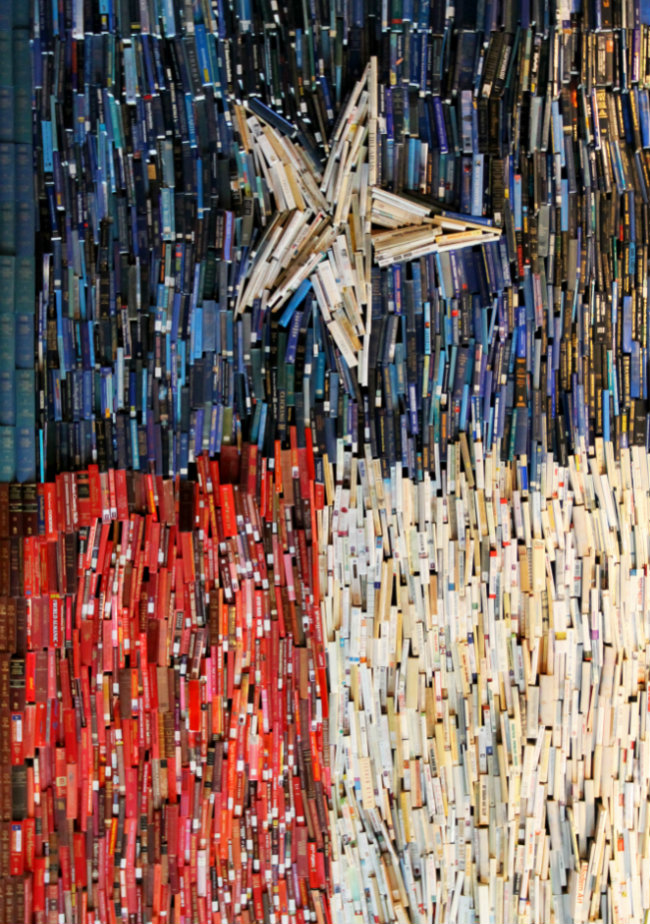 Flag wall made of books at The George