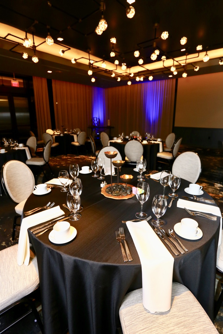 Meeting room set for dinner reception